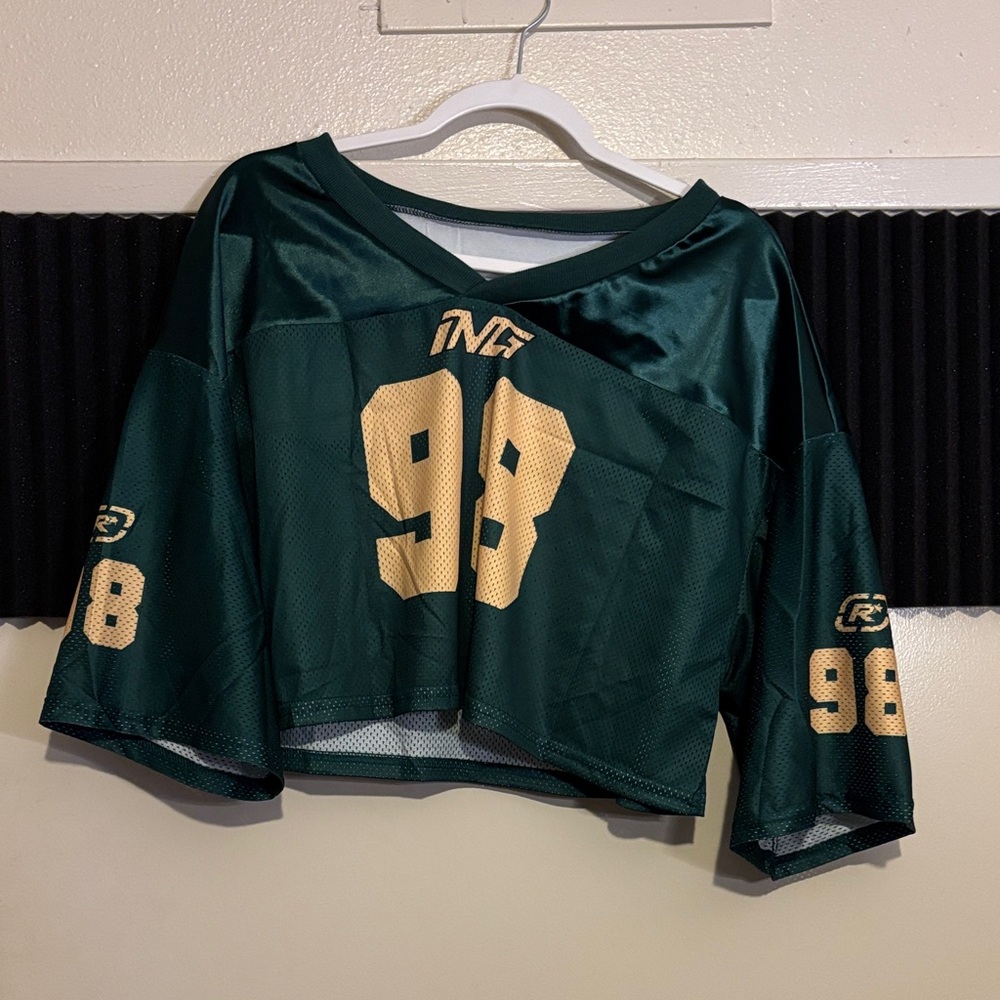Forest Green Cropped Football Jersey with Gold Number 98